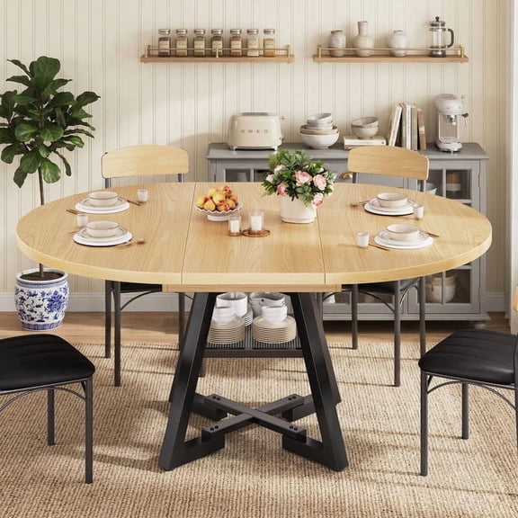 Vipuse Round Dining Table for 4 6 8, Kitchen Dining Room Dinner Table, Space Saving Extendable Oval Circle Furniture with Pedestal and Storage for Kitchen Living Room Wood, 47In-61In