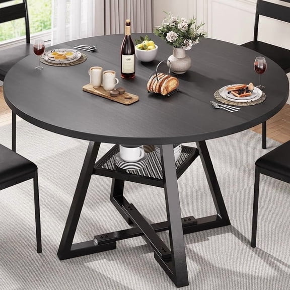 Vipuse Round Dining Table for 2-4 People, Circle Dinner Table with Shelves, Space Saving Wood Kitchen & Dining Room Furniture Black, 42 inch
