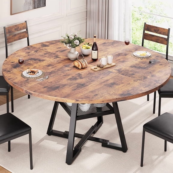 Vipuse Round Dining Table for 4-6 People, Circle Dinner Table with Shelves, Space Saving Wood Kitchen & Dining Room Furniture Vintage, 51 inch