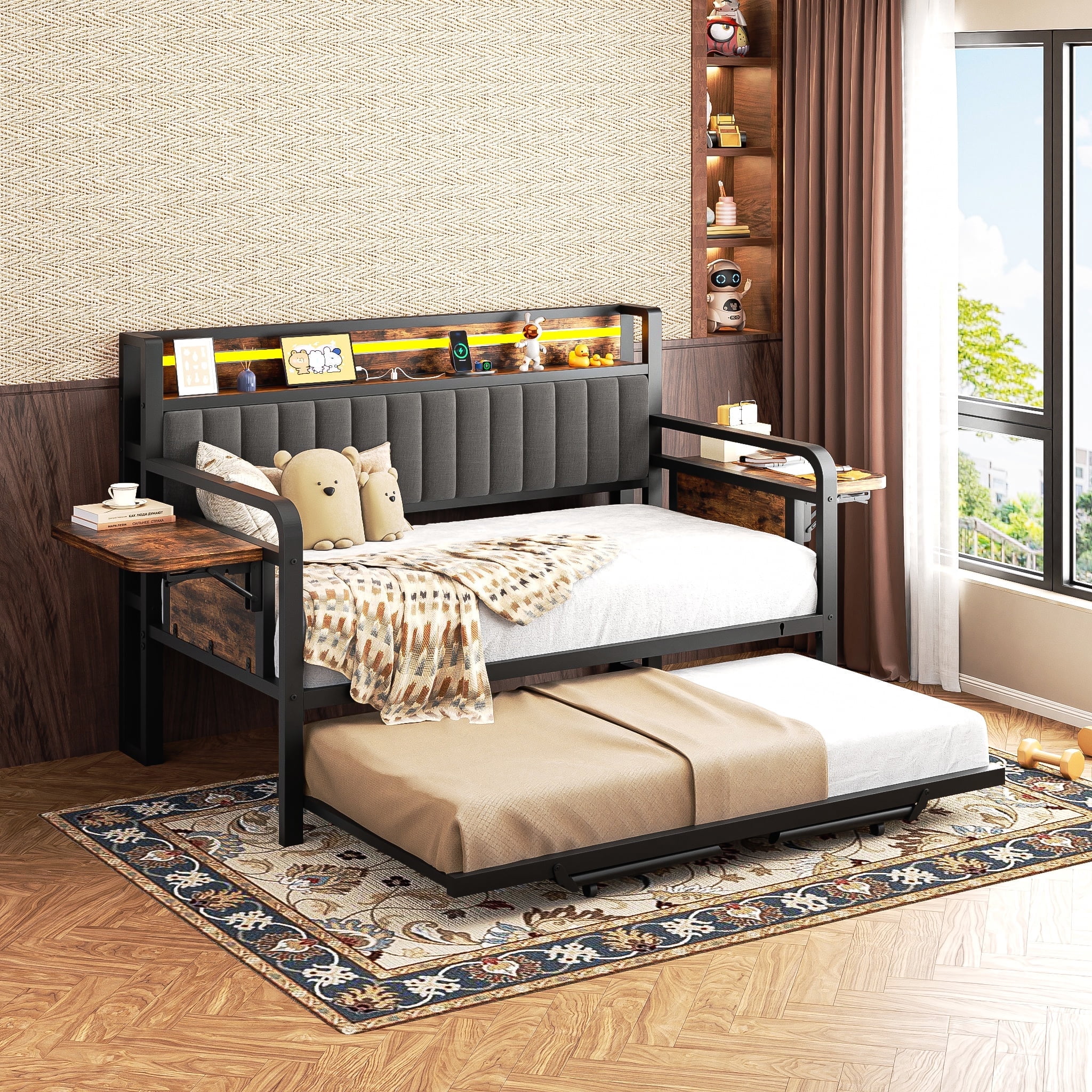 Vipuse Twin Size Daybed with Charging Station and LED, Pop Up Trundle Sofa Bed for Living Room