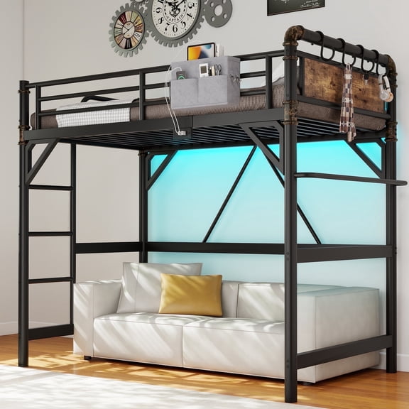 Anyact Twin Size Loft Bed with Removable Charging Station, LED Lights, Industrial Heavy Duty Metal Twin Loft Bed with Multi-functional Fabric Storage and Safety Guard Rails for Space, Black