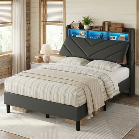 Vipuse Twin Size Velvet Bed Frame with Ergonomic Headboard, Upholstered Platform Bed with LED Light & Charging Station, Wooden Slats Support, Noise-Free, No Box Spring Needed