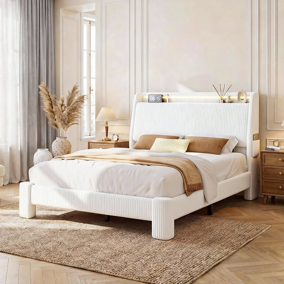 Vipuse Upholstered Full LED Bed Frame with Hidden Storage Headboard and Charging Station, Corduroy Platform Bed with Wingback, Heavy Duty Wood Slats, No Box Spring Needed, Noise-Free, Beige
