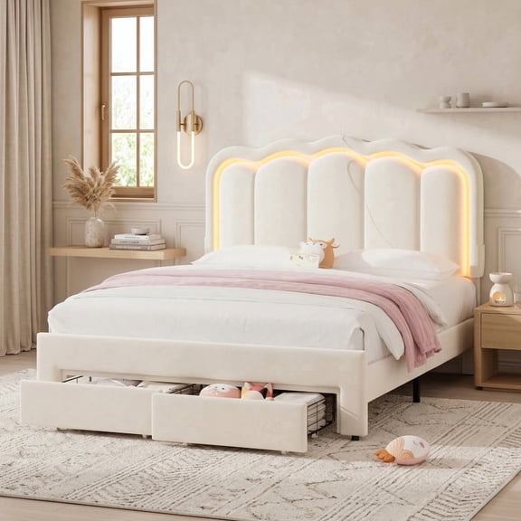 Vipuse Velvet Upholstered Queen LED Bed Frame with 2 Storage Drawers and Adjustable Chic Double Wavy Headboard, Princess Platform Bed with Charing Station,Solid Wood Slats Support, Beige