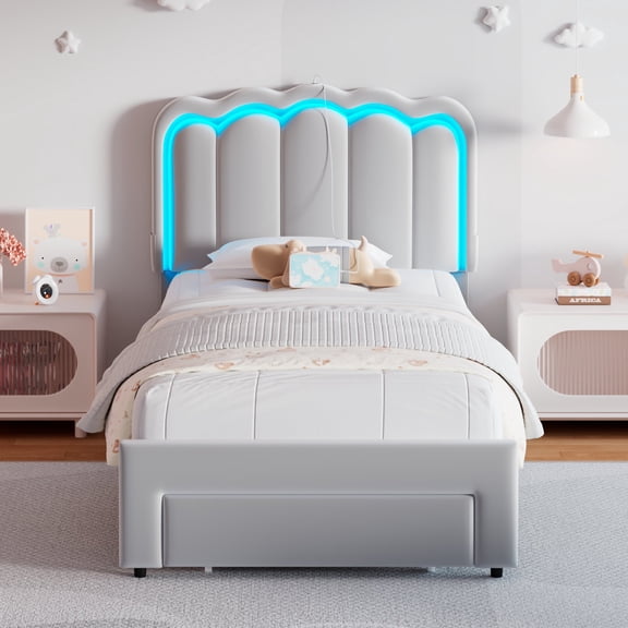Vipuse Velvet Upholstered Twin LED Bed Frame with Storage Drawer and Adjustable Double Wavy Headboard, Princess Platform Bed, Solid Wood Slats Support,No Box Spring Needed,Grey