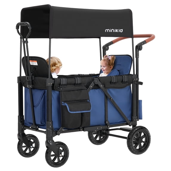 Minikid Baby Wagon Stroller for 2 Kids, Toddler Stroller with Canopy, 5-Point Harness, Adjustable Handlebars, Removable Seat, Blue