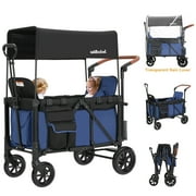 Minikid 2-in-1 Wagon Stroller with Adjustable Canopy, Rain Cover, Mosquito Net, Blue