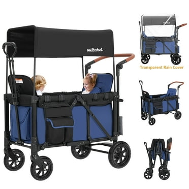 Minikid 2-in-1 Wagon Stroller with Adjustable Canopy, Rain Cover, Mosquito Net, Blue