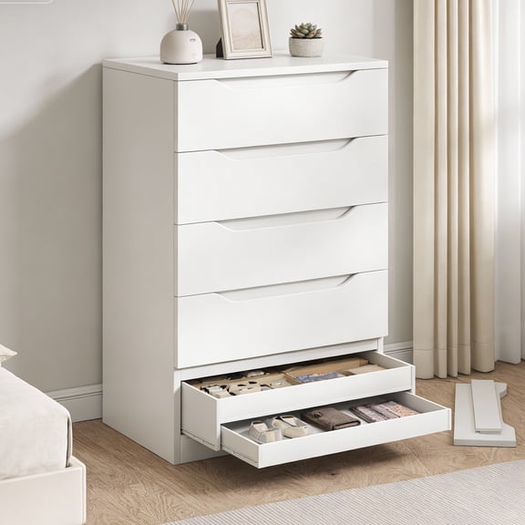 Vipuse White Tall 5 Drawer Dresser for Bedroom with Hidden Storage Design, Large Modern Closet Dressers & Chests of Drawers with Cut-Out Handles, 27.6" L*15.8" W*45.3" H for Bedroom