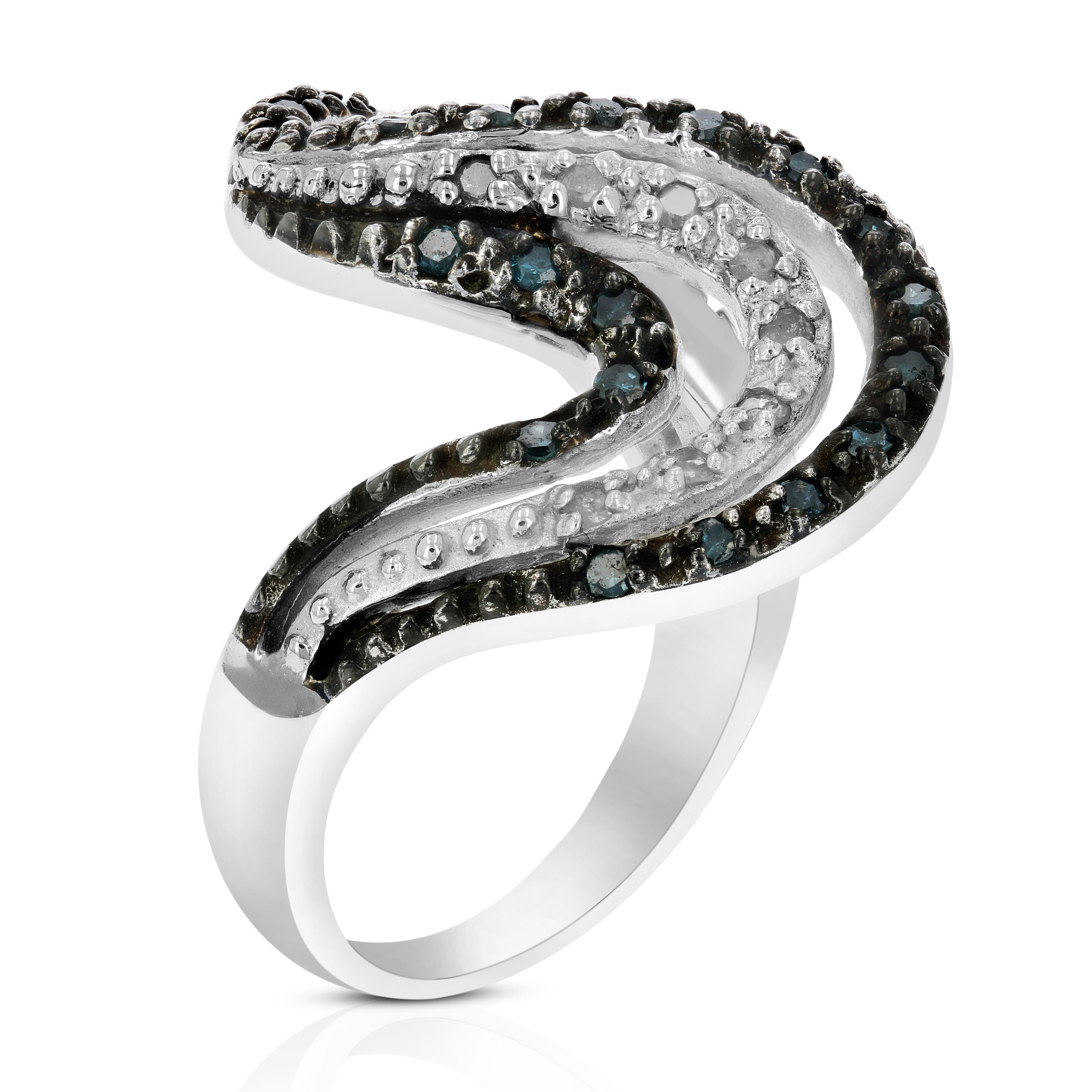Vir Jewels 0.60 CTTW Blue and White Diamond Wave Ring .925 Sterling Silver with Rhodium Size 6