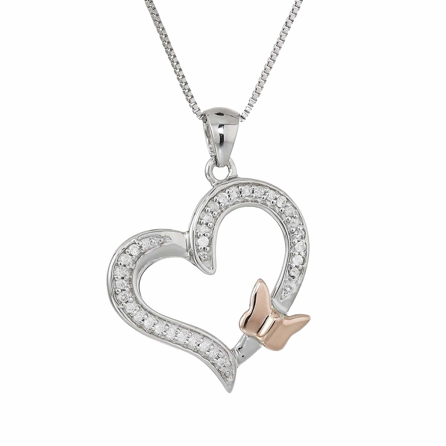 Vir Jewels 1/10 cttw Diamond Pendant, Diamond Butterfly and Heart Pendant Necklace for Women in 14K White Gold with 18 Inch Chain, Prong Setting For Female Adult