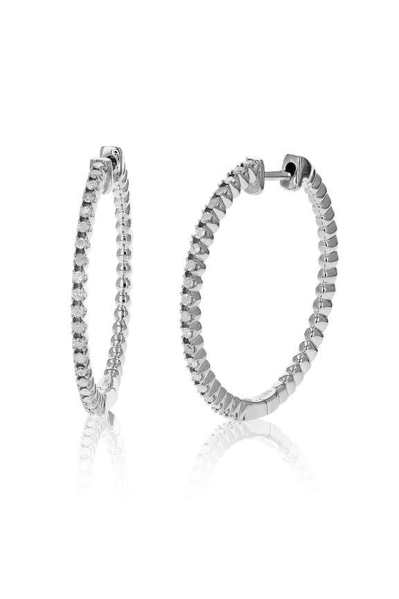 1/2 CTTW Diamond Hoop Earrings .925 Sterling Silver Classic 44 Stones Female Adult.