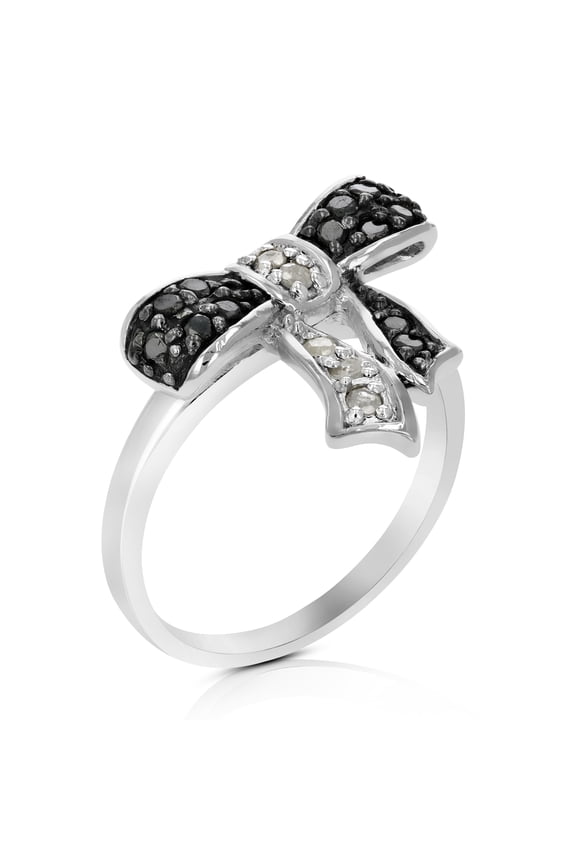 1/3 CTTW Black and White Diamond Ring for Women in .925 Sterling Silver Bow Shape
