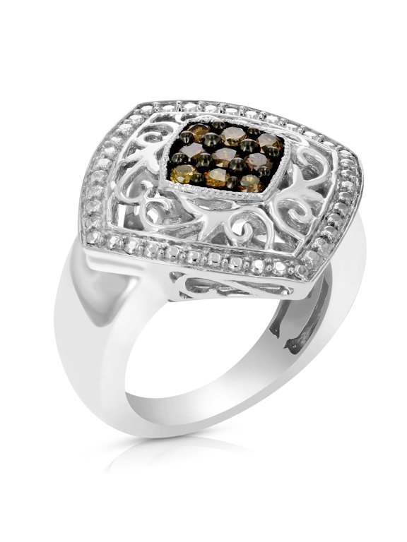 1/3 CTTW Champagne Diamond Ring .925 Sterling Silver with Rhodium Plating Size 6