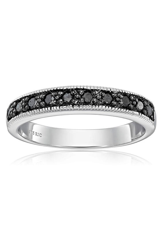 1/4 CTTW Black Diamond Wedding Band for Women with Milgrain .925 Sterling Silver
