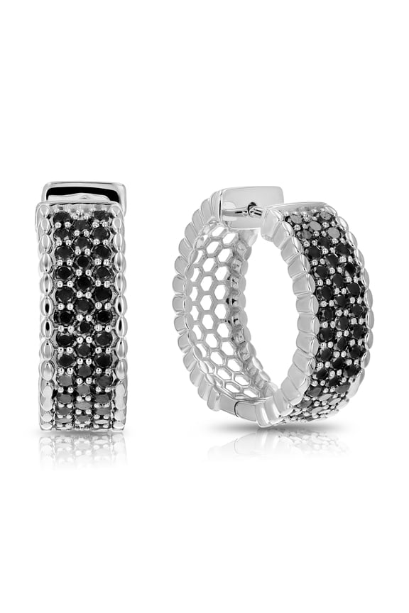 1 CTTW Black Diamond Hoop Earrings .925 Sterling Silver 76 Stone Dangle 7/8 Inch