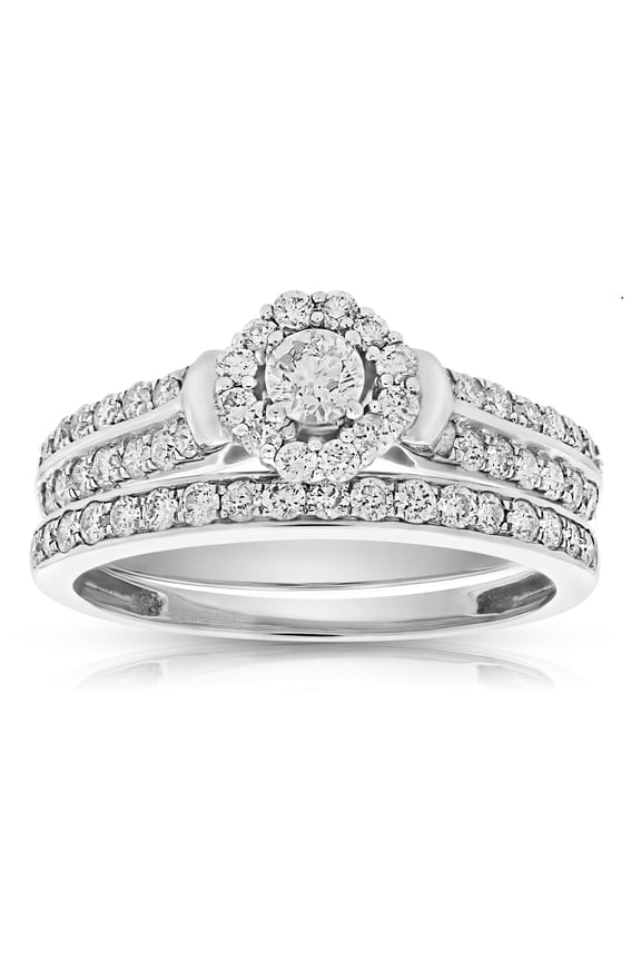 1 CTTW Diamond Wedding Ring Sets for Women 14K White Gold Halo Engagement Bridal