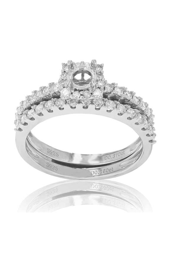 2/3 CTTW Diamond Semi Mount Bridal Set .925 Sterling Silver Wedding Size 7 Female Adult