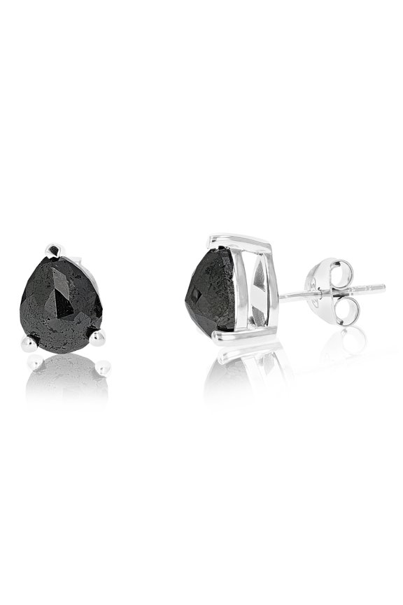 3.50 CTTW Pear Shape Black Diamond Stud Earrings .925 Sterling Silver Prong Set