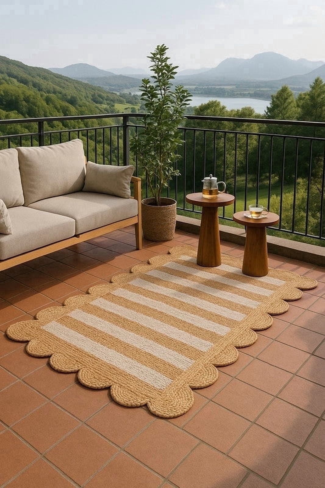 AVYAY RUGS Rugs and Decor LLC Jute Tufted Beige Jute Rug Area Rugs, 7 x 10, Scalloped Edges