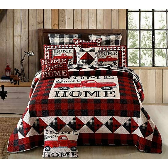 Virah Bella 2 Piece Twin Cabin Quilt Bedding Set - Strain Red Truck Home Sweet Home - Rustic Wildlife Country Reversible Camping Comforter with Decorative Pillow Shams, Red/White