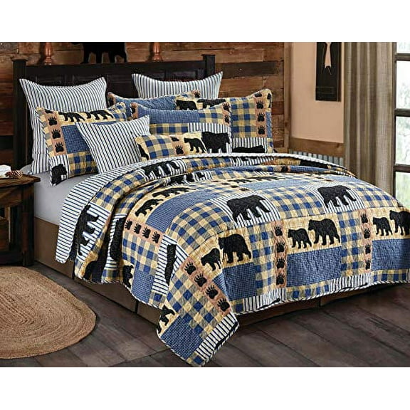 Virah Bella 3 Piece Black Bear Blue Plaid Quilt Set (King)