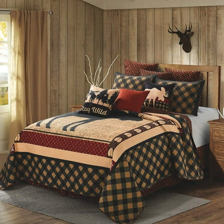Virah Bella 3 Piece King Cabin Quilt Bedding Set - Wild Moose Black Red - Rustic Country Reversible Patchwork Comforter Set with Decorative Pillow Shams