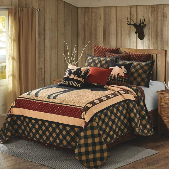 Virah Bella 3 Piece King Cabin Quilt Bedding Set - Wild Moose Black Red - Rustic Country Reversible Patchwork Comforter Set with Decorative Pillow Shams