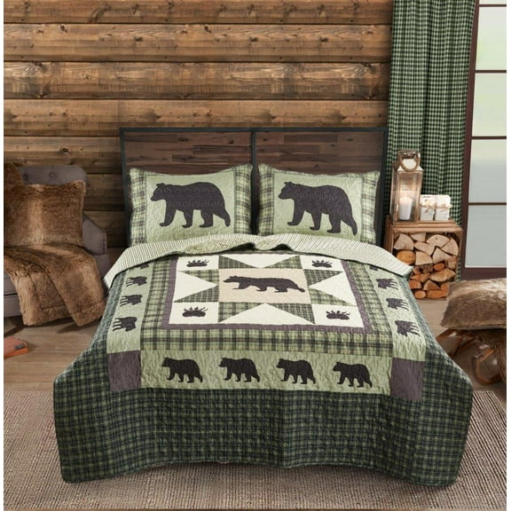 Virah Bella - Bear Star - Lightweight Reversible 3-Piece Lodge Quilt Set with Decorative Pillow Shams.