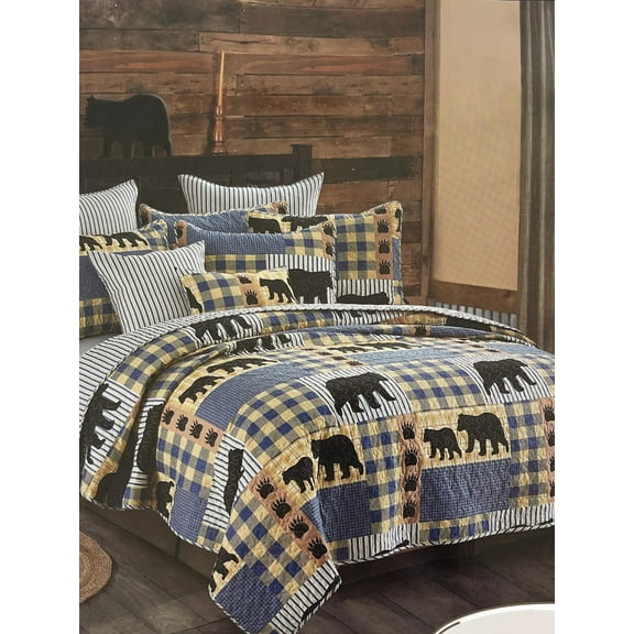 Virah Bella Blue & Yellow Bear Plaid Twin Quilt & Sham Set, 2 Pc Bed Cover