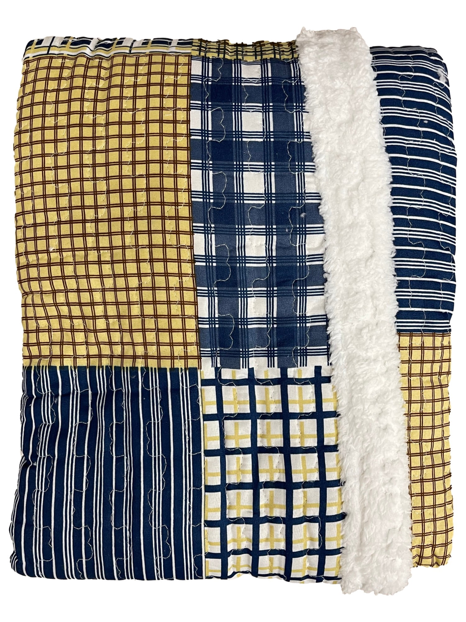 Virah Bella Blue & Yellow Patchwork Quilted Sherpa Luxury Throw Blanket