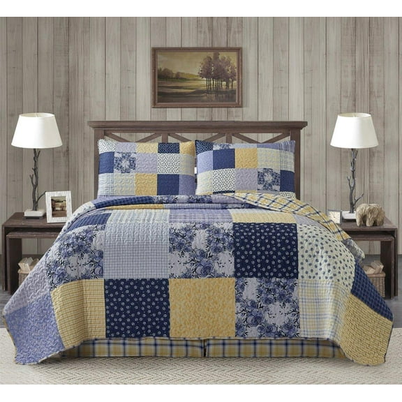 Virah Bella - Garden Walk in Bluebell - Lightweight Reversible 3-Piece Lodge Quilt Set with Decorative Pillow Shams.