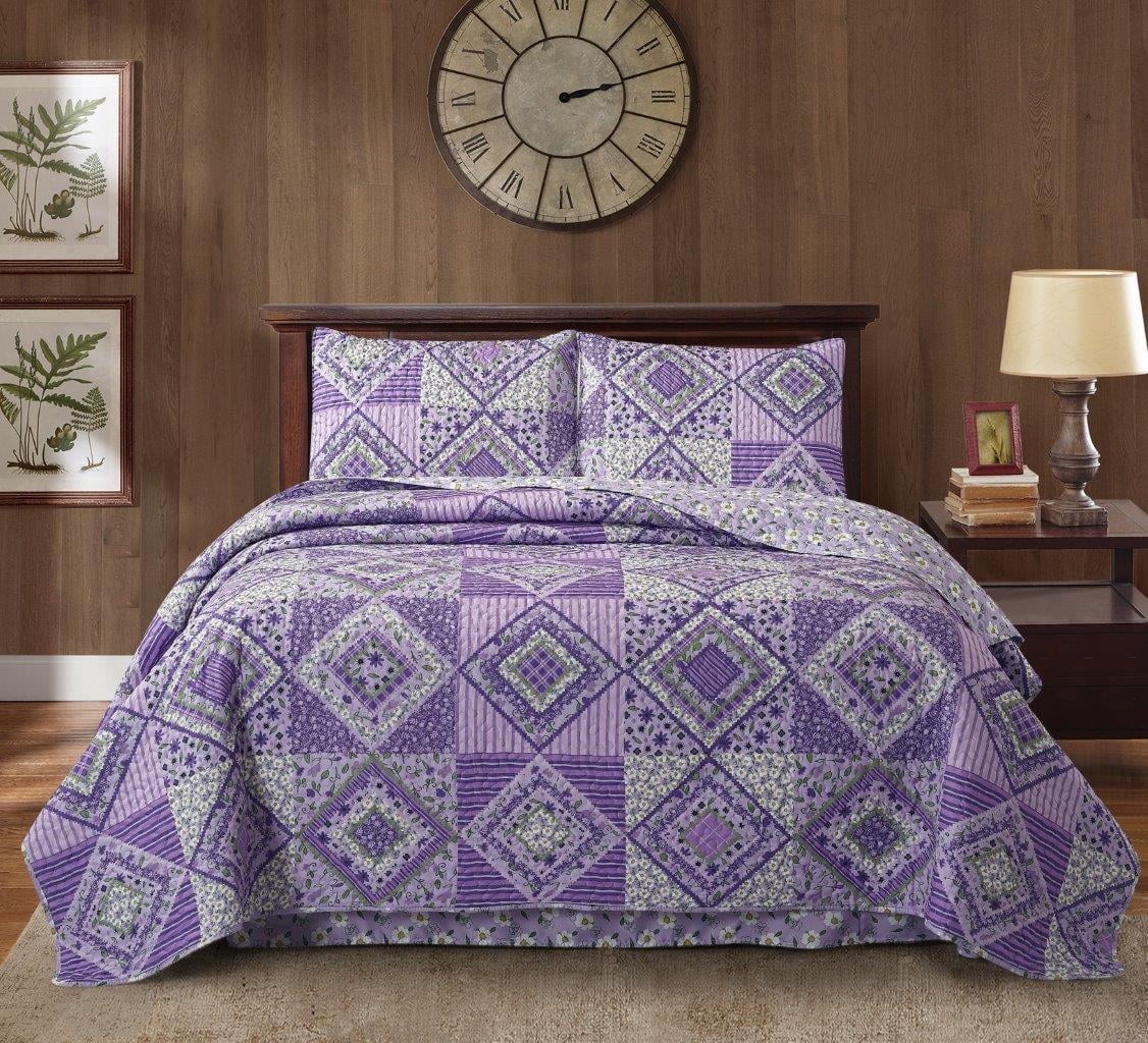 Lavender Patchwork King Microfiber Reversible Quilt Set