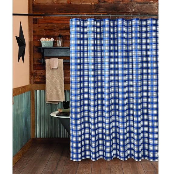 Virah Bella Lincoln Plaid Primitive Blue Cloth Shower Curtain : 72" x 72" with 12 Decorative Hooks