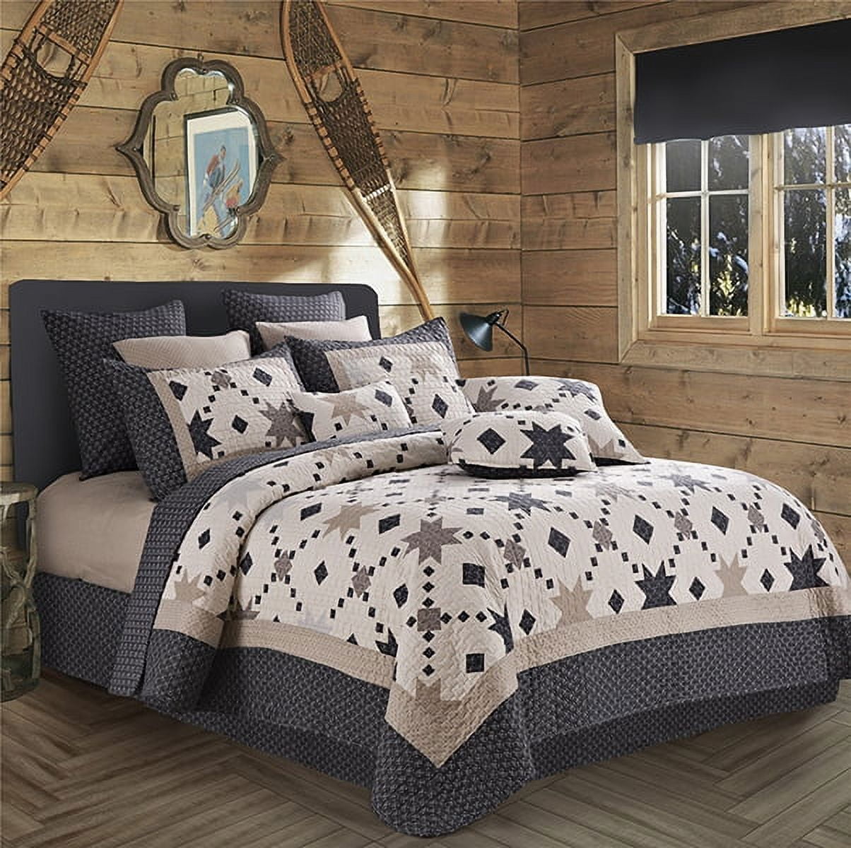 Virah Bella Primitive 3-Pieces Cream Black Stars Diamond Quilt Bedding Sets, King