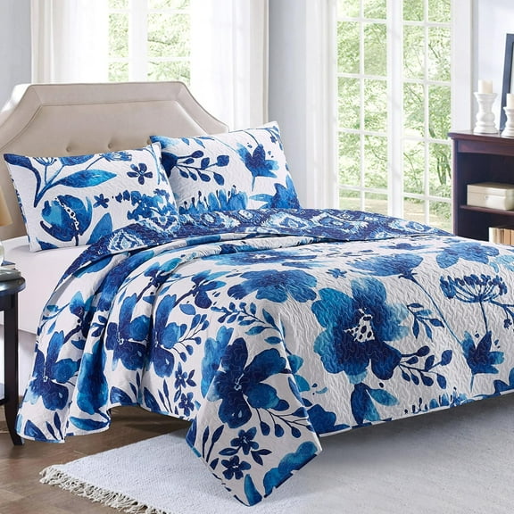 Virah Bella Quilt Bedding Set in Full/Queen Indigo Botanical Printed Lightweight Reversible Quilt with 2 Matching Pillow Shams - Cozy & Beautiful Contemporary-Themed Bedding