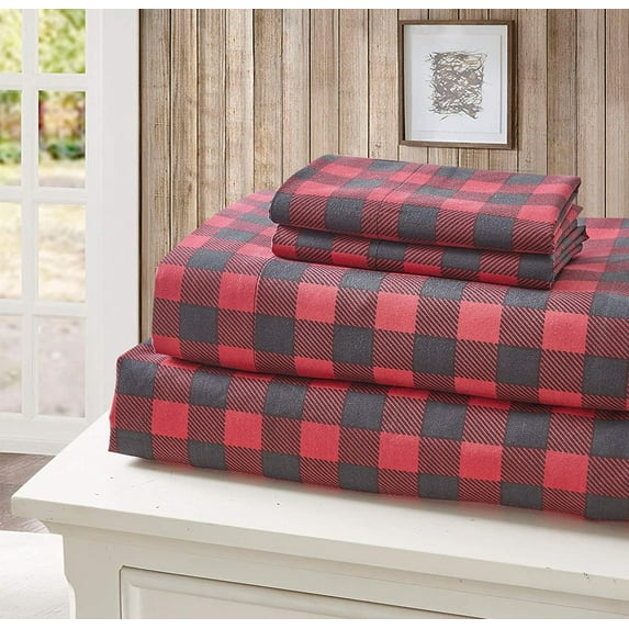 Virah Bella Red & Black Buffalo Plaid Bed Sheet Set - Brushed Microfiber - 4 Piece (King)
