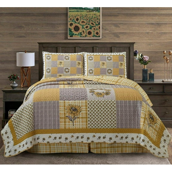 Virah Bella - Sunshine - Lightweight Reversible 3-Piece Lodge Quilt Set with Decorative Pillow Shams.