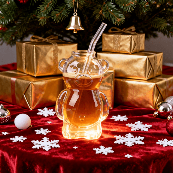 Viral Bear-Shaped 11oz Glass Cold Cup with Straw, Perfect for Holiday Drinks, Iced Coffees, Cocktails, Cold Brew, Ideal Christmas Gift for Drinkware Enthusiasts,(1 Bear Cup with Straw)