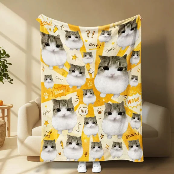 Viral Chonky Cat Meme Flannel Blanket, Cuddle Blanket, Cute Round Cat Throw Blanket for Bed Sofa, Funny Kawaii Cat Lover Gift