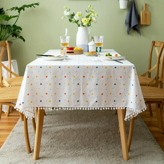 Viral Doodle Print Tablecloth - 100% Cotton Jacquard with Pom-Pom Trim, French Confetti Dot Tea Table Cover, Instagrammable Scandi Style for Dining & Coffee Tables