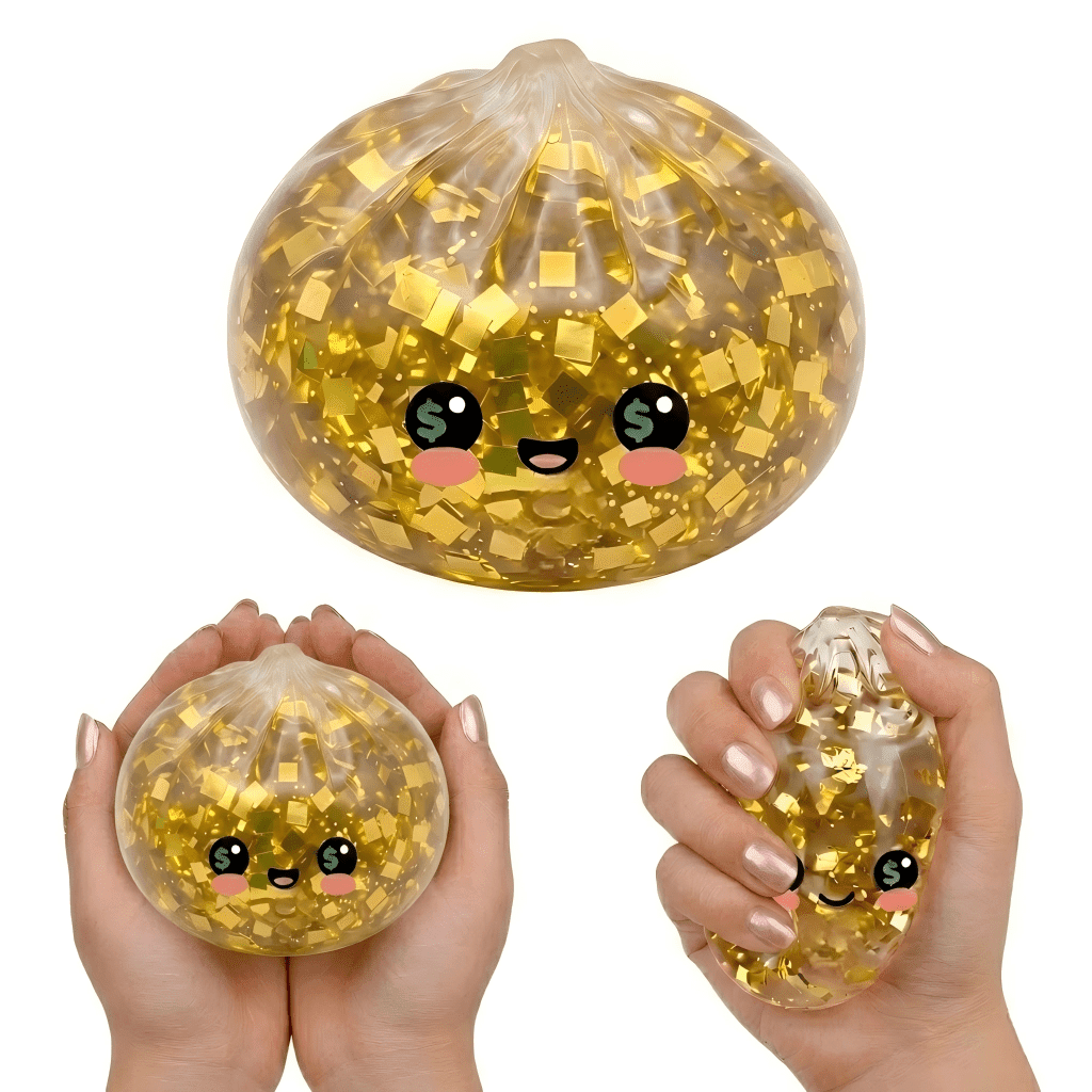 Viral Glitter Dumpling Squishy Toys, Ultra Rare Gold Money Bao Bun Stress Ball with Steamer Case, Sensory Fidget Squeeze Toys for K-*ids & Adults