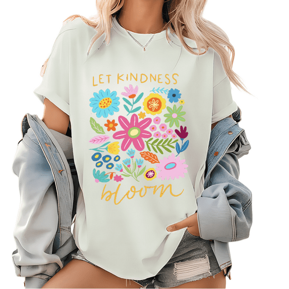 Viral Kindness T-Shirt - Trendy Watercolor Botanical Graphic Tee for Women, Boho Inspirational Quote Tops with Floral Print