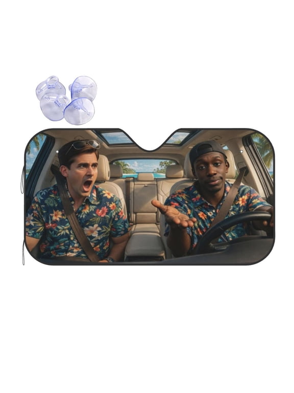 Viral Meme Car Sun Shade for Windshield, Funny Tropical Vacation Bros Driving Print Foldable Front Window Sunshade Visor, UV Heat Shield Protector, Universal Fit Auto Gift