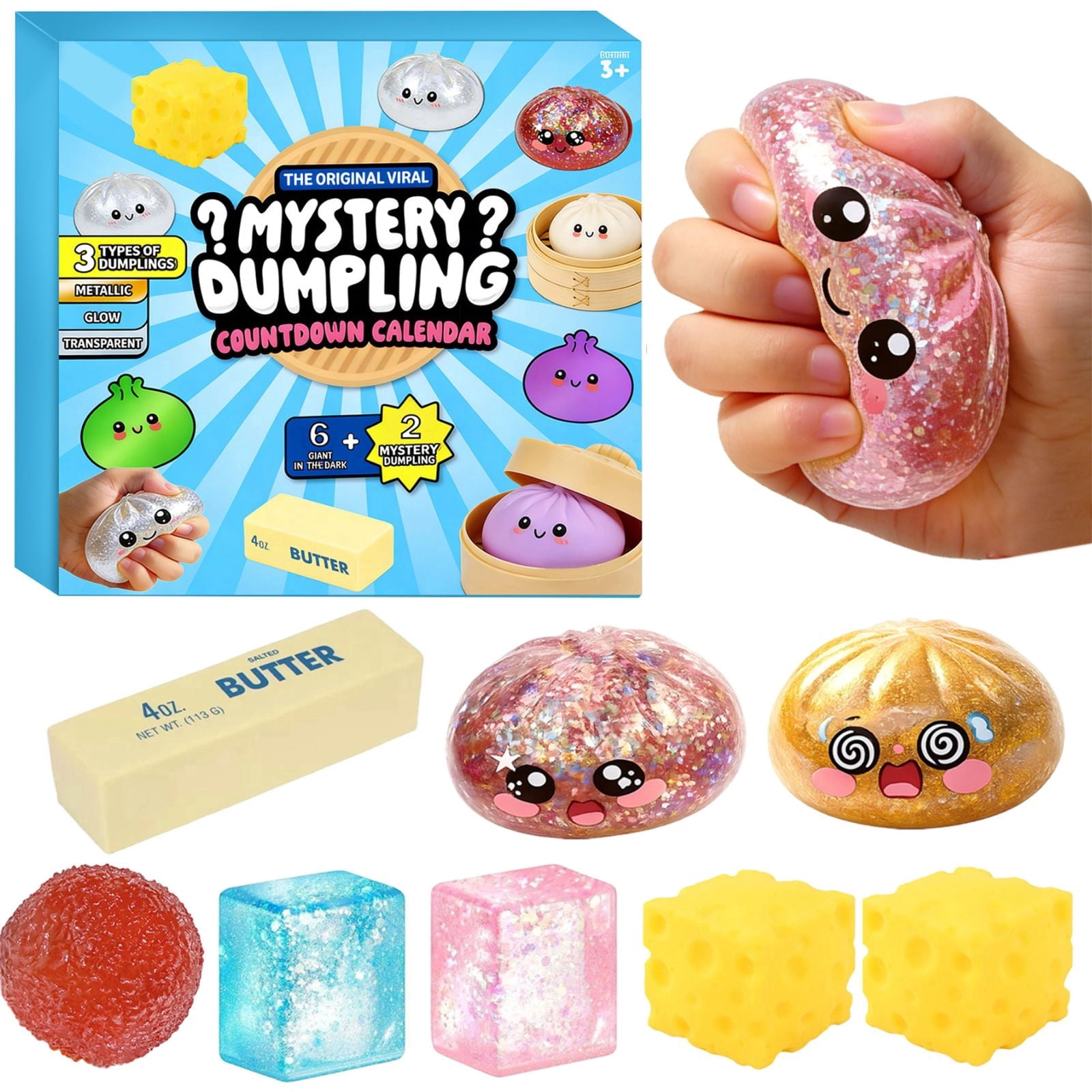 Viral Mystery Dumpling Squishy Set 8 Pcs, 6 Giant Glow in The Dark + 2 Mystery Dumplings, Soft TPR Fidget Toys for Stress Relief, Gifts for All Ages Crazy Gifts for Fun