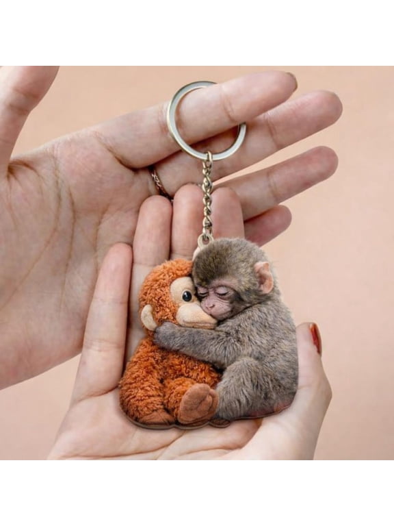 Viral Punch Monkey Wooden Keychain, Cute Baby Monkey with Plush Toy Gift, Emotional Gift for Animal Lovers, Baby Monkey Punch