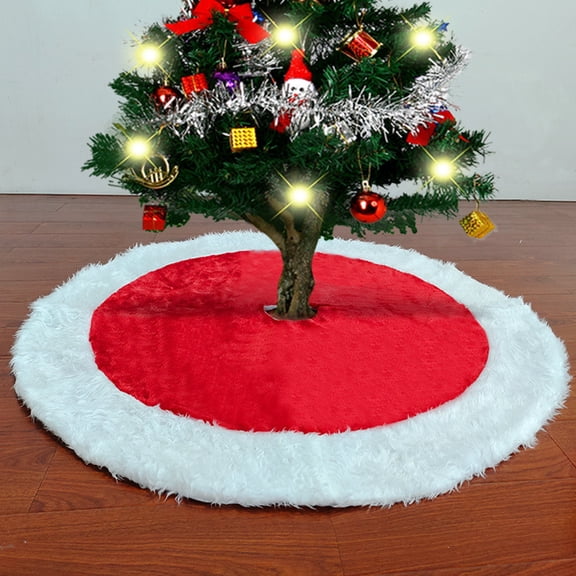 Viral Red & White Classic Christmas Tree Skirt - Soft Plush Fleece Fabric Design, Anti-Slip Base & Fringed Edge Festive Desktop Decor for Christmas Tree Base, Living Room, Home Holiday Gatherings