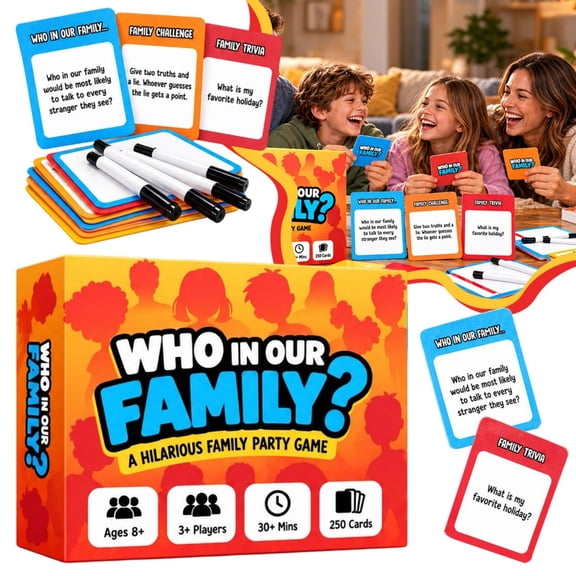 Viral Studios Who in Our Family? Hilarious Family Party Card Game, Trivia, Most Likely To and Head-to-Head Challenges, Ages 8 and Up