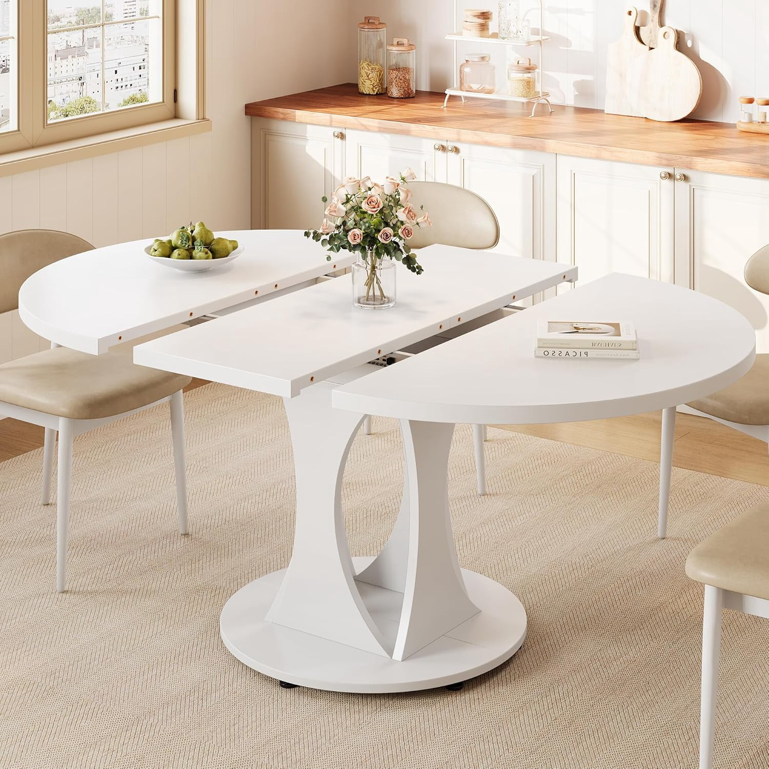 Virans 43.3"-59" Extendable Round Dining Table for 6-8,Kitchen Table with MDF,Modern Dinner Table for Dining Rooms,Living Rooms,White