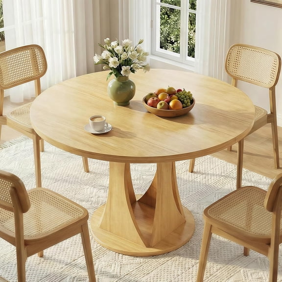 Virans 47.2" Round Dining Table for 4-6,Kitchen Dining Table with Double Curved Base & Back Panel Buckle Top,Modern Circle Dinner Table for Kitchens,Dining Rooms,Living Rooms,Natrual